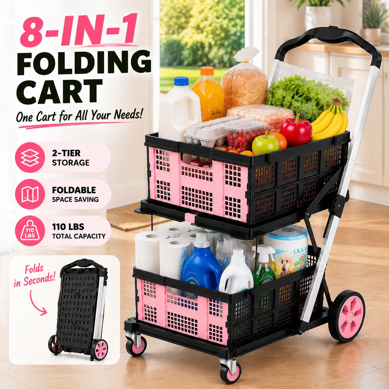 Elegant Folding Utility Cart with Wheels, Portable Plastic Rolling Shopping Basket for Grocery, Laundry, Picnic, Travel and Home Organization, Compact Space-Saving Pull Cart