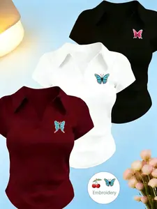 Women's Cute Butterfly Embroidered Polo Neck Slim Top, V-Neck Short Sleeve Casual Tee, Y2K Retro Fitted Shirt for Summer Daily Wear & Dating, Embroidery