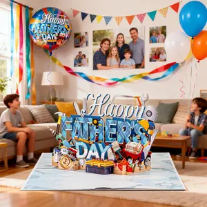 Father's Day Pop Up Card 5"x7" 3D Design with Removable Note Tag Premium Cardstock Laser Cut Details Elegant Metallic Cover