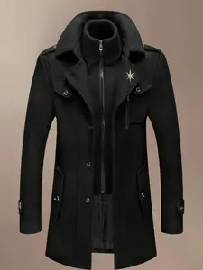Men's Fashion Double Collar Mixed Fiber Long Coat, Zipper and Pocket Design, Warm and Durable, Suitable for Business or Casual Autumn/Winter, Solid Coat, Casual Pocket Outerwear