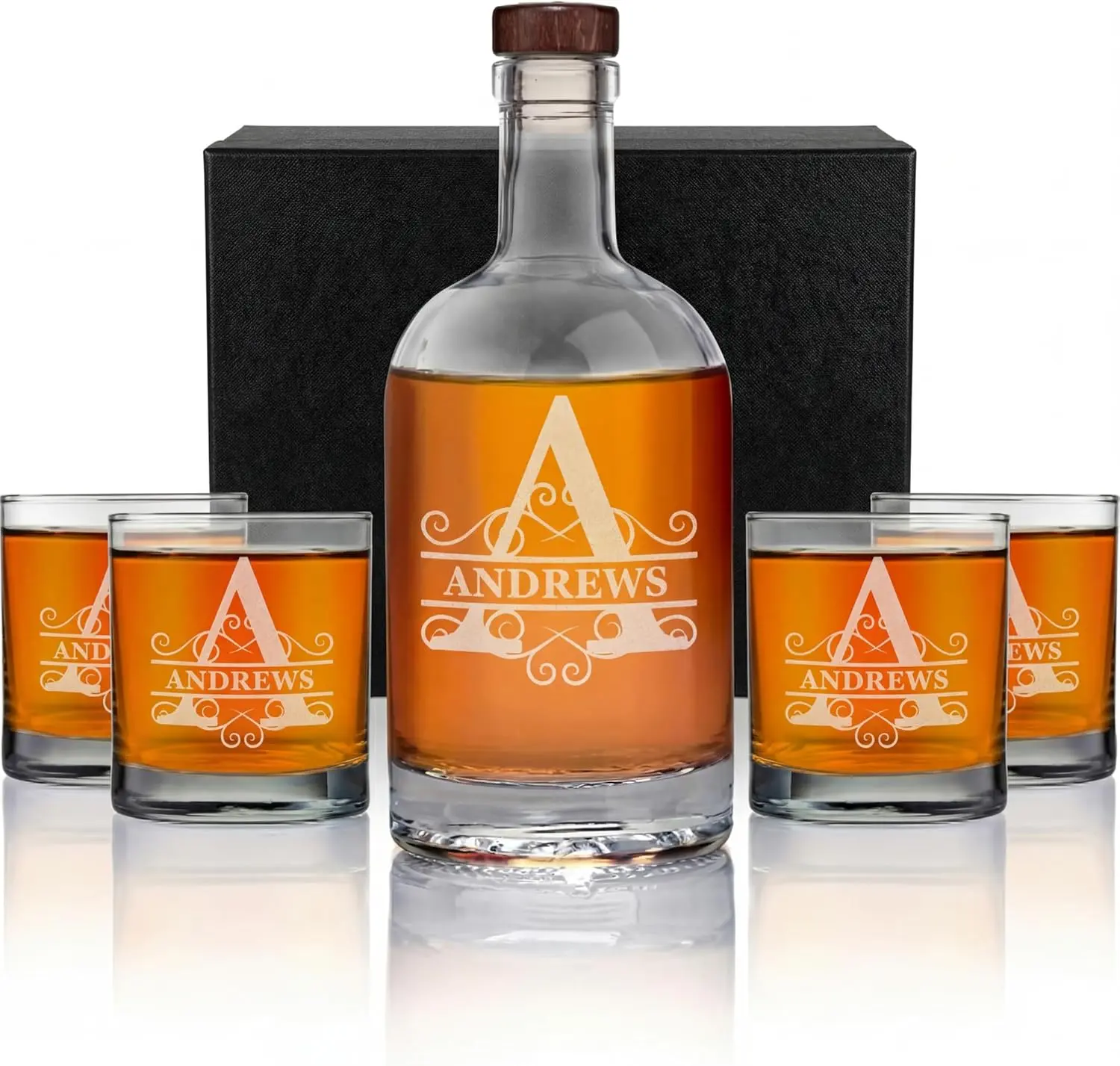 Personalized Whiskey Decanter Set for Men - Custom 5PC Monogram Whiskey Decanter and Glass Set - Scotch, Liquor Cups for Dad - Customized Bourbon Decanter Set with Glasses by On The Rox Drinks