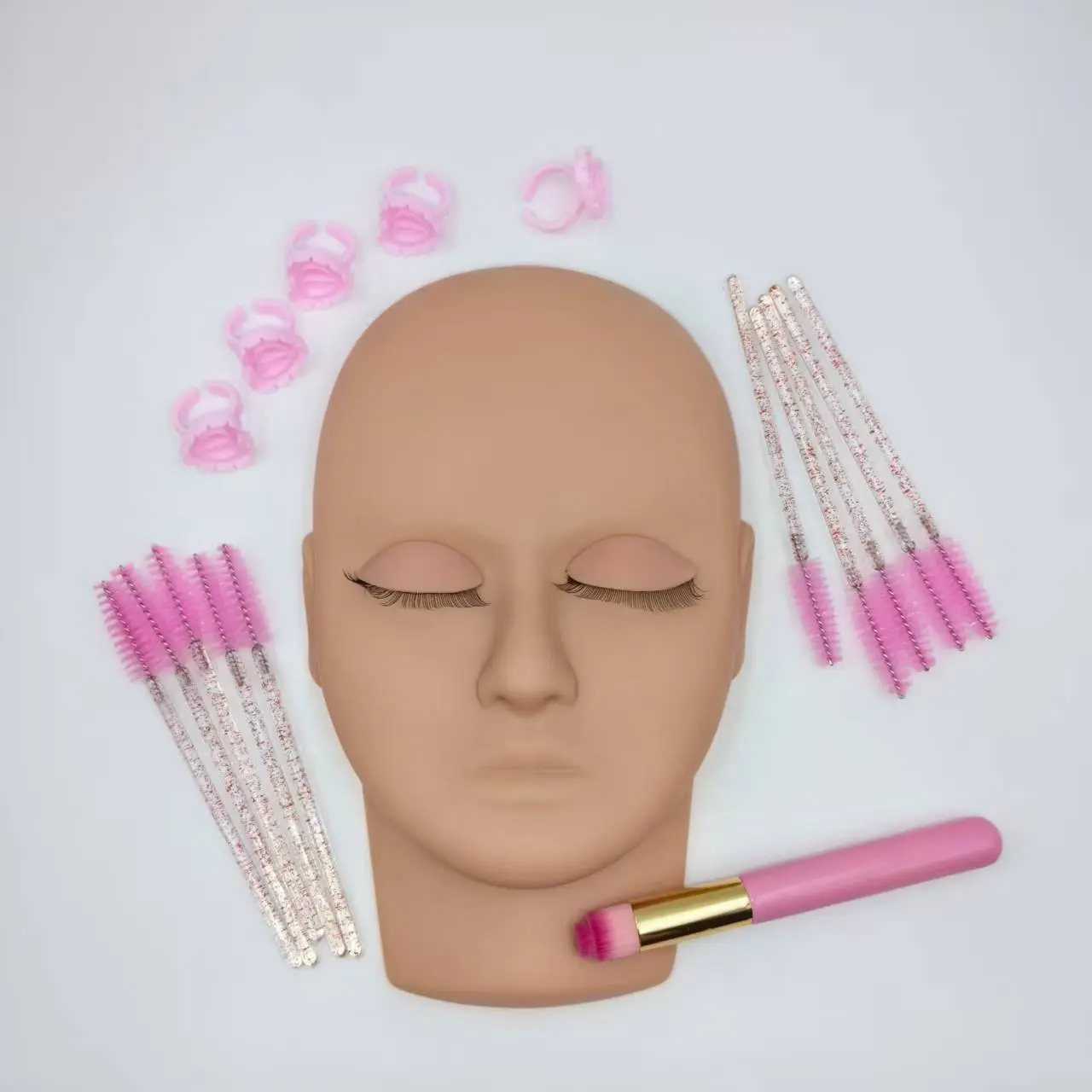 Portable False Eyelash Practice Head Model Kit, Lash Mannequin Head, Eyelash Extension Kit, Detachable Eye Module, Small Portable Lashes Practice Model, 10 Brushes, 5 Glue Rings, Cleaning Brush, Makeup Tool Set, Lash Essentials Set, Eyelash Tools