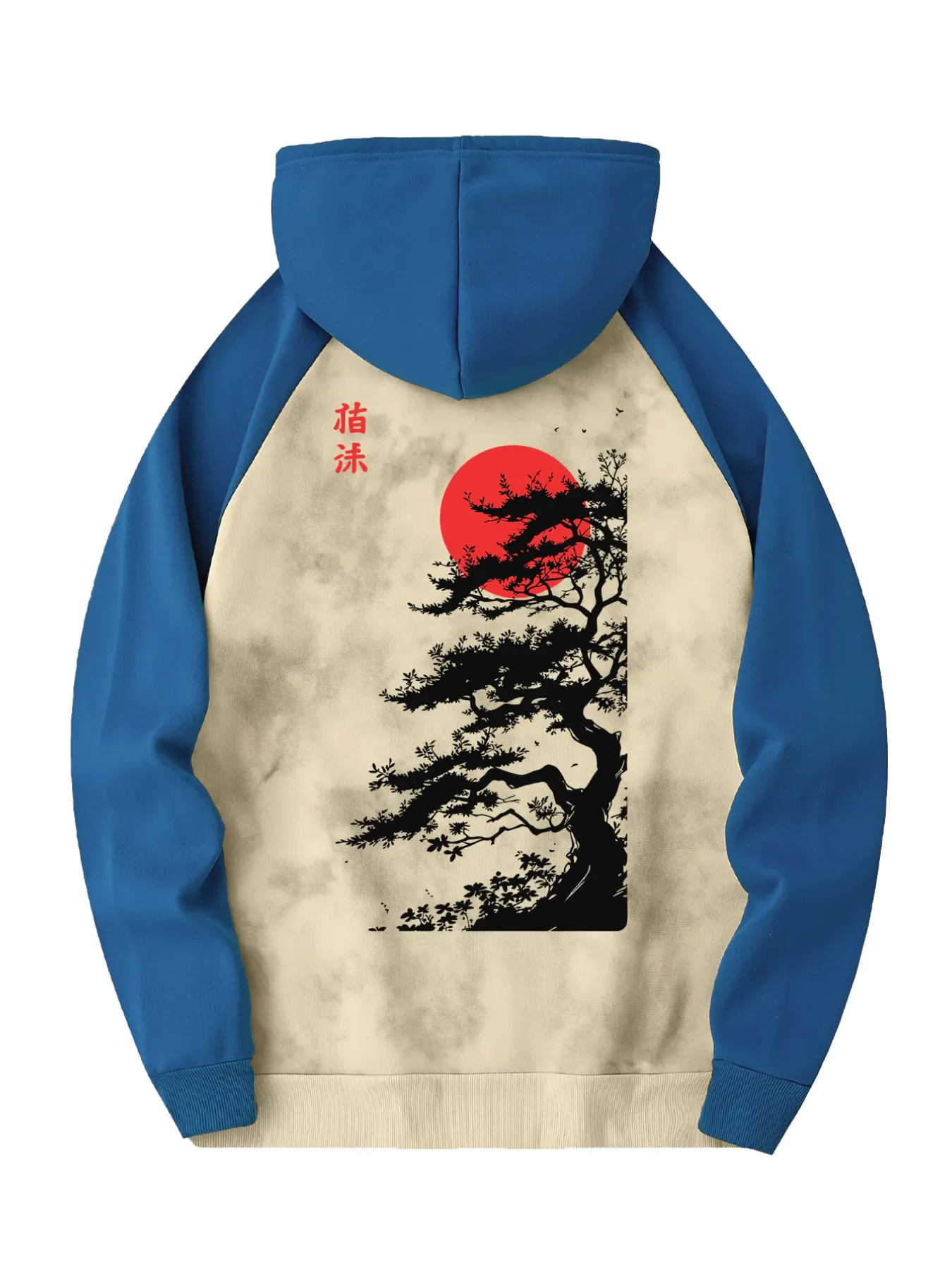 Men's Colorblock Drop Shoulder Fashion Hoodie, Comfortable Casual Drawstring Hooded Sweatshirt, Japanese Bonsai Tree Print, Kangaroo Pocket