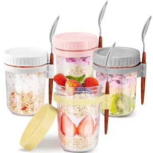 Glass Overnight Oats Container with Lid & Spoon, 4 Counts/set 16oz Wide Mouth Mason Jar for Overnight Oats, Cereal, Yogurt, Salad Lunch Container with Measurement Marks Glass Mason Jars