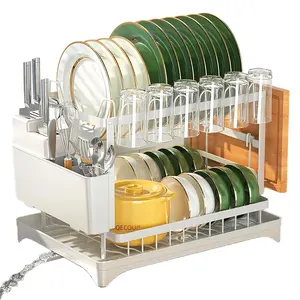 Double-Decker Space-Saving Kitchen Organiser, Multipurpose Compartmentalized Draining Boards Rack, Screw-Free Installation, Countertop Storage with Drainage (White)