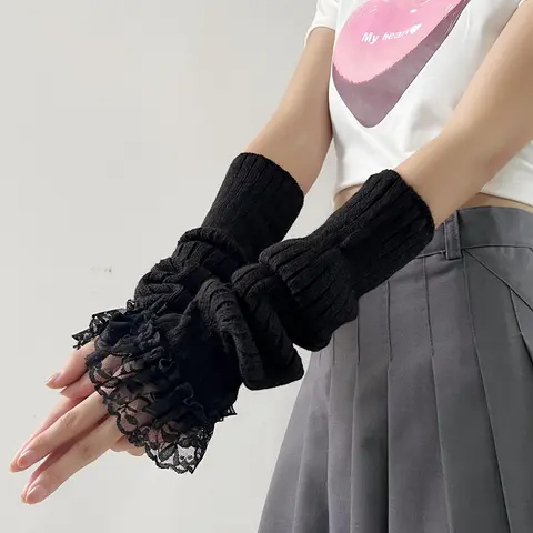 Women's Cute Lace Arm Sleeves with Gloves, 1 Pair Y2k Style Simple Plain Knitting Gloves, Casual Trendy Gloves for Daily Use