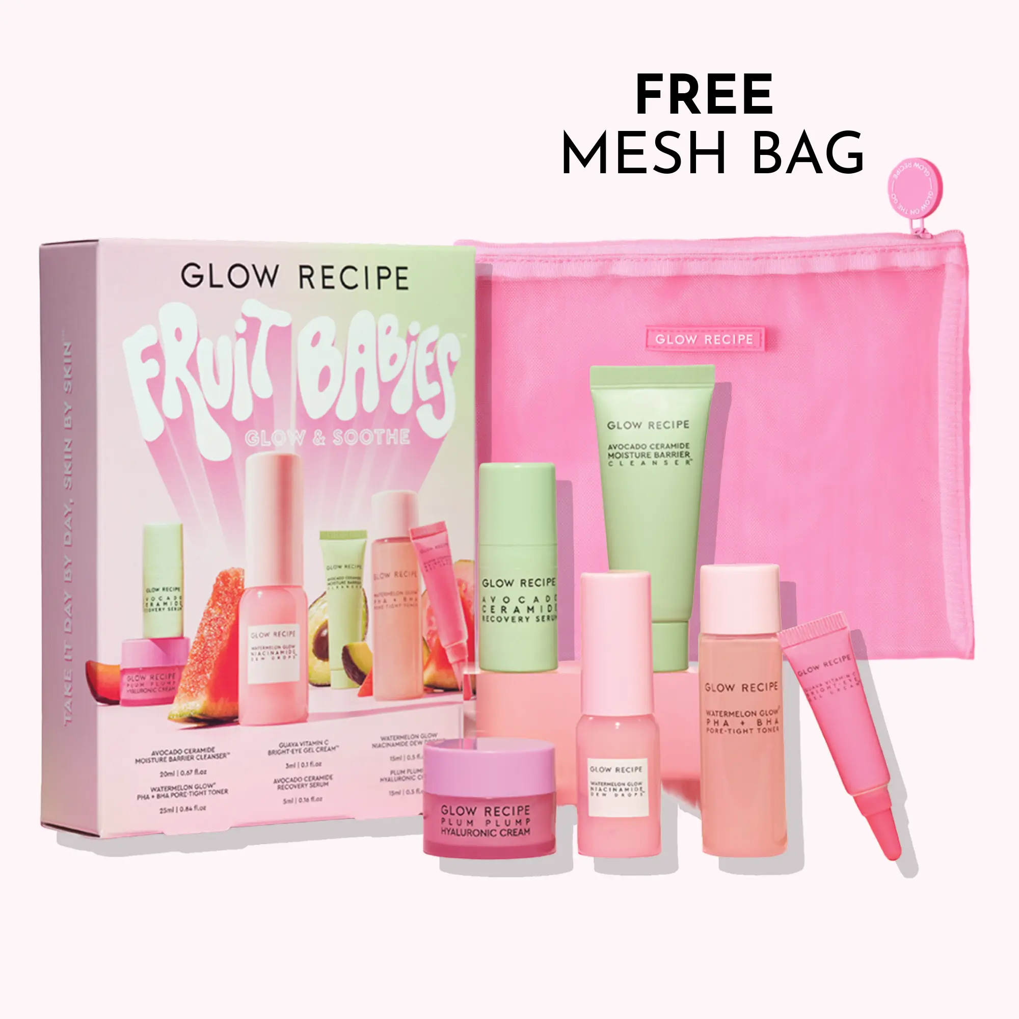Glow Recipe Fruit Babies Bestsellers Skincare Kit - Avocado Ceramide Moisture Barrier Cleanser, Watermelon Glow PHA+BHA Pore-Tight Toner, Guava Vitamin C Bright-Eye Gel Cream, Dewy Lightweight Hyaluronic Acid Moisturizer Primer Radiance-Boosting Bundle, K