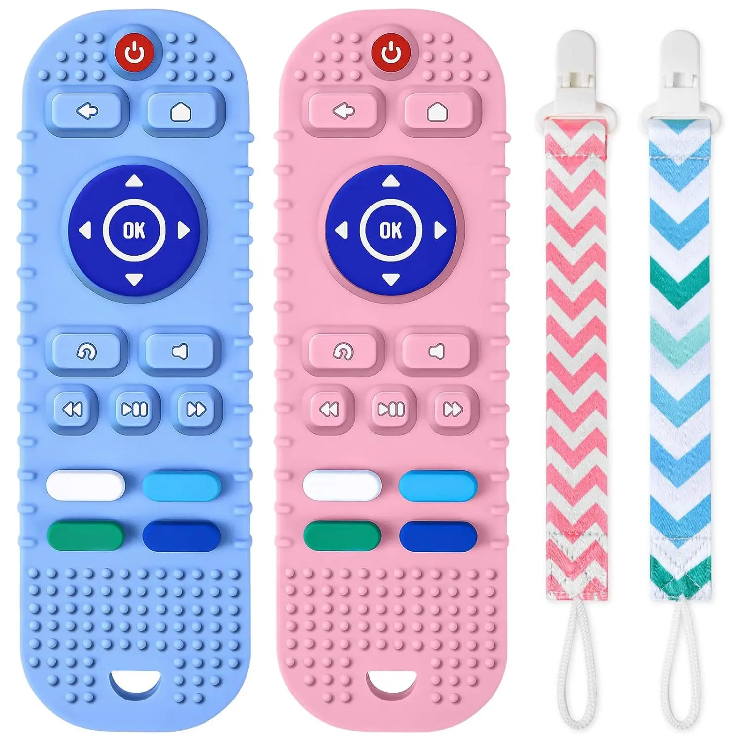 Baby Teether Toys 2PCS Silicone Teething Toys with Remote Control, BPA-Free Baby Chew Toys (Bule&Pink)