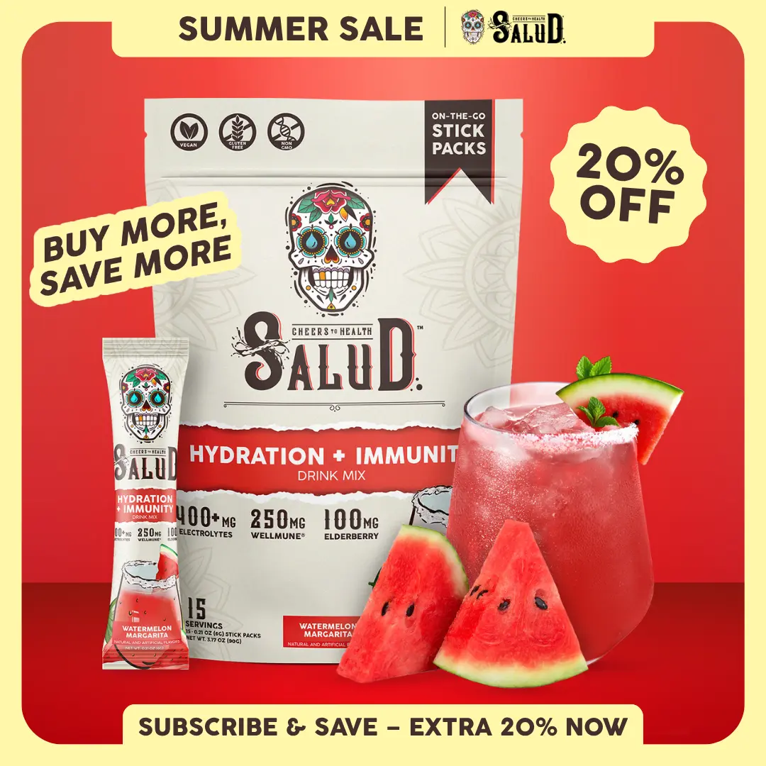 Salud 2-in-1 [Hydration + Immunity - Watermelon Margarita] Electrolytes Powder, Agua Fresca Drink Mix, Elderberry, Dairy & Soy Free, Non-GMO, Gluten Free, Vegan, Low Calorie, 1g Sugar (15 Servings)