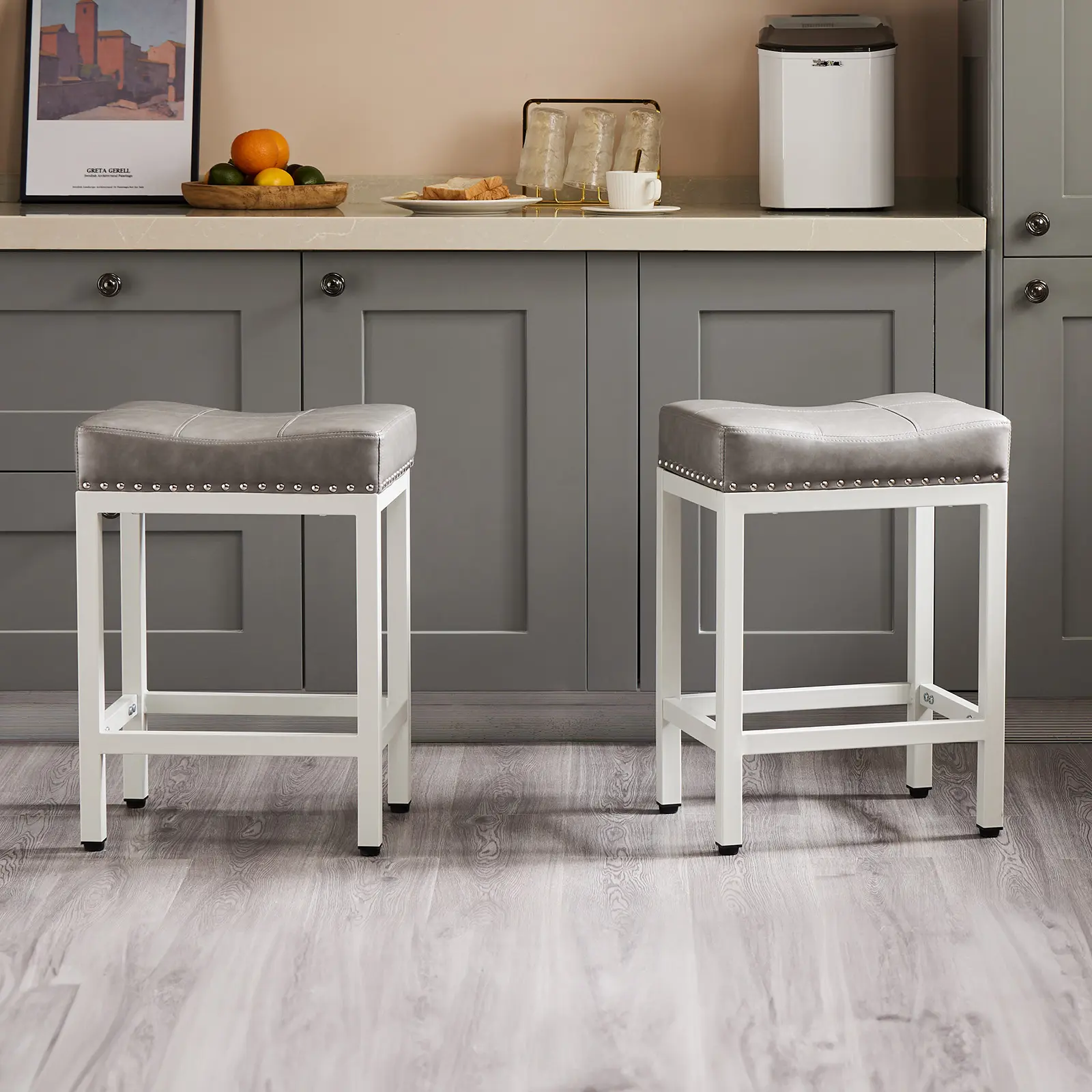 【Deal】SweetFurniture Set of 2 Bar Stools, 24 Inch Counter Height Saddle Stools, Modern Kitchen Barstools with Metal Base and PU Leather Springtok Foot Pedals