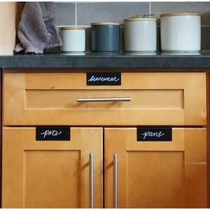 Clip- Metal Cabinet and Drawer Labels -  Chalkboard Labels for Kitchen, Bathroom, Dresser Drawers. Durable. Polished Edge. No .