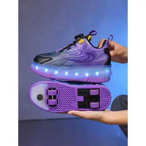 Children's sports shoes, breathable skate shoes, wheeled, enable kids to slide and skate, wheels detachable, LED lights on sole, upper mesh fabric, suitable for boys and girls