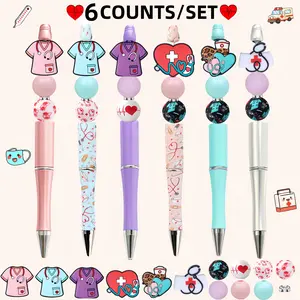 Back to School DIY Nurse Doctor Gift - 6PCS Bead Pen Kit Beaded Pens with Stethoscope Nurse Charm Silicone Beads - Adult Craft Office School Supply for Medical Staff
