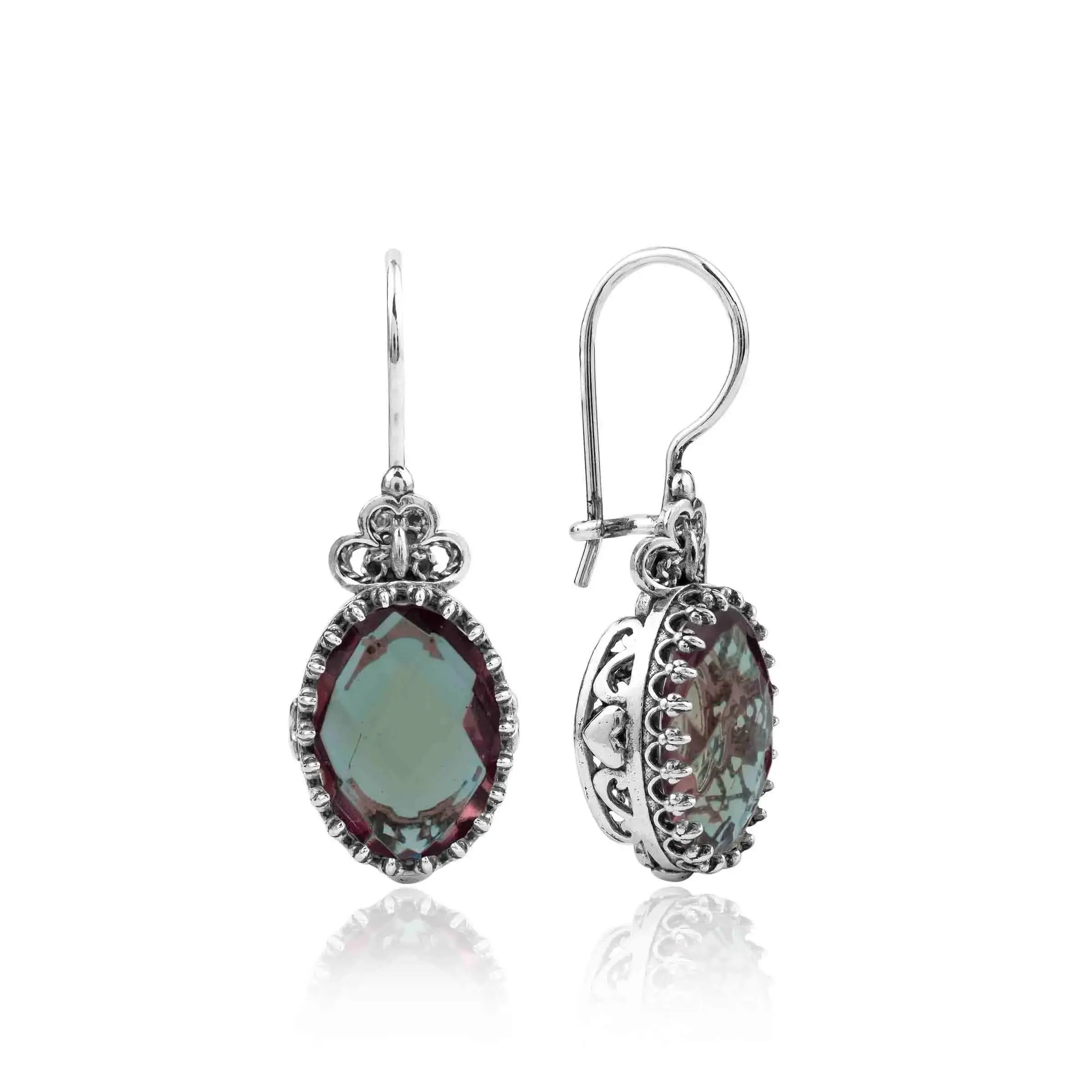 Filigree Art Alexandrite Gemstone Heart Detailed Women Silver Oval Drop Earrings