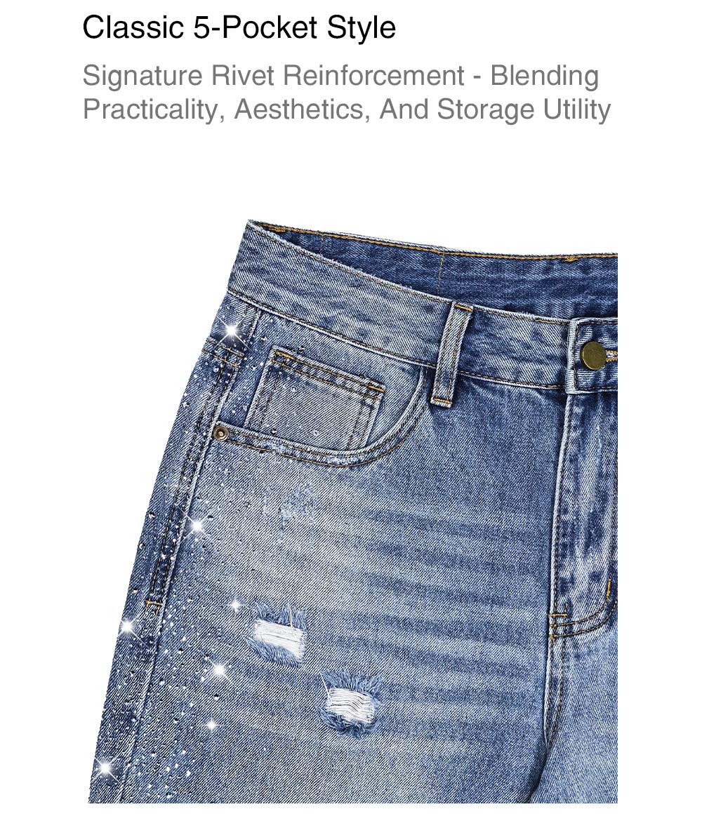 Lux Lee Spring Rhinestone Baggy Straight Jeans - High-Waisted, Slimming & All-Match, Distressed & Washed Denim, Sparkling Side Rhinestones, Loose Fit, Casual Streetwear, All-Match Trendy Y2K Pants for Women