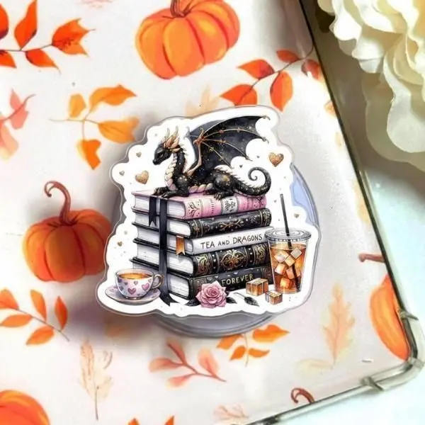 Dragon Book Lover Phone Grip, Tea and Dragons Pop Socket, Fantasy Reader Phone Holder, Stack of Books Grip, Booktok Gift for Readers