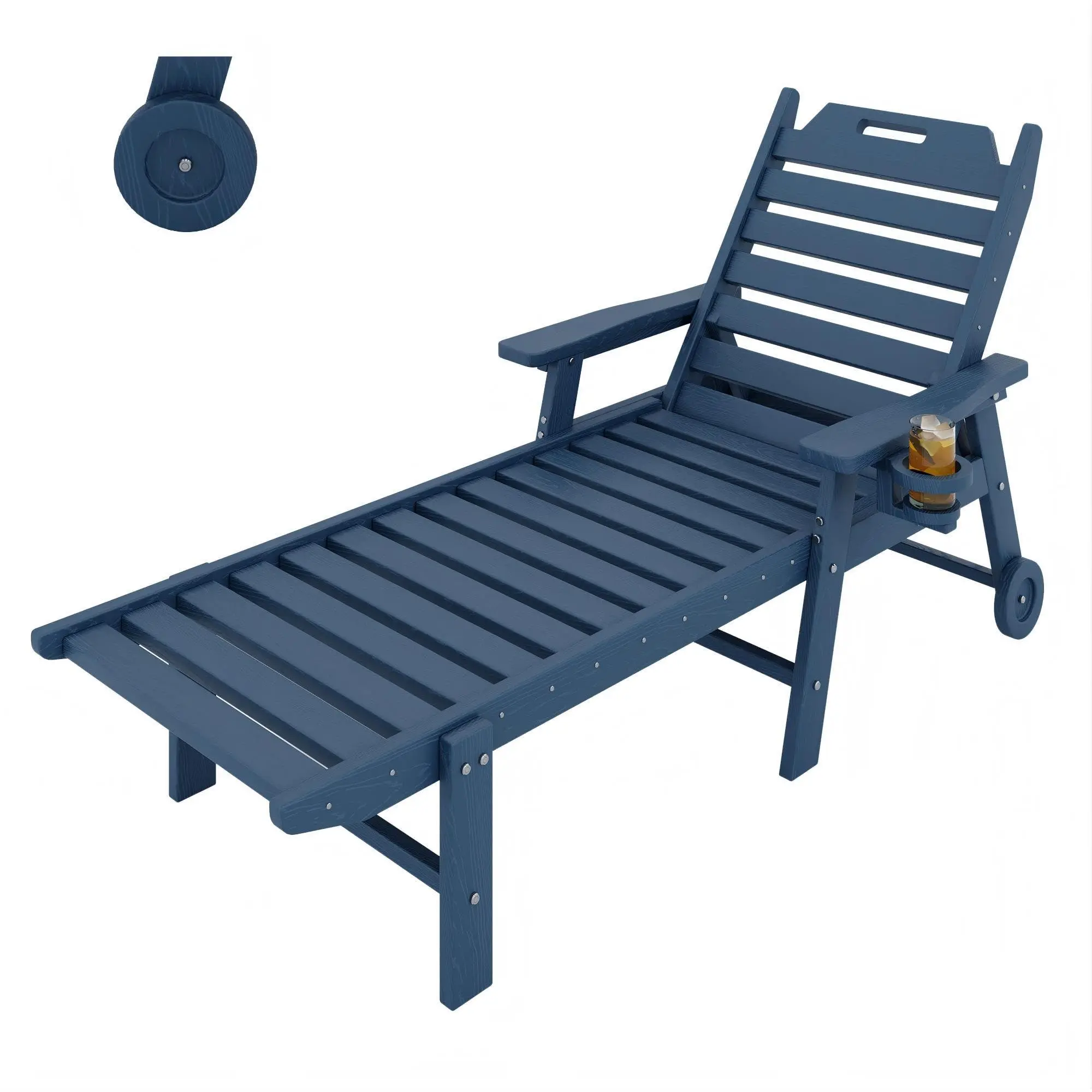 Gaomon All-Weather Oversized HDPE Plastic Single Seat Chaise Lounge Chair, Outdoor Wood Texture Design, 5-Position Backrest, Built-in Cup Holder, Rolling Wheels for Patio, Poolside, Navy Blue