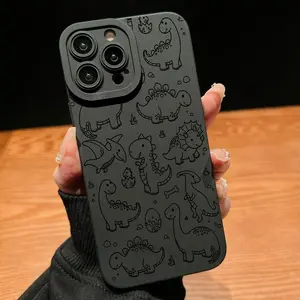 Cute dinosaur pattern phone case with lens protector, anti-drop cellphone protective case, all-inclusive shockproof mobile phone cover for iPhone 17 Pro Max Plus Air/ 11 12 13 14 15 16 Pro Max, phone Black Protection