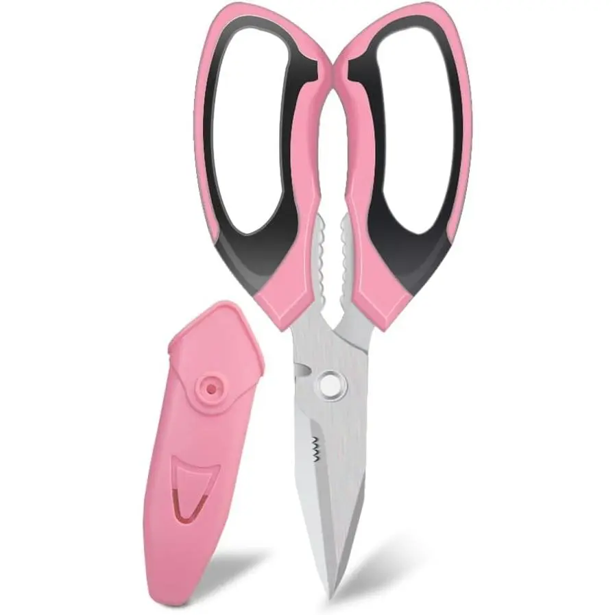 Heavy Duty 8-in Multipurpose Scissors with Protective Cover, Stainless Steel Serrated Blades, for Cutting Cardboard, Leather, Denim, Cloth, Belts, Crafts, Toolbox-Compatible (Pink)