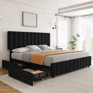 Garvee Queen Upholstered Bed Frame with 4 Storage Drawers, Velvet Queen Size Bed Platform with Linen Adjustable Headboard, Wooden Slats Support, No Box Spring Needed, Black