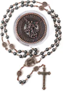 Nazareth Store St Michael Rosary Hematite Stone Beads Necklace Metal Beaded Glory Beads Archangel Medal & Cross with Metal Gift Box