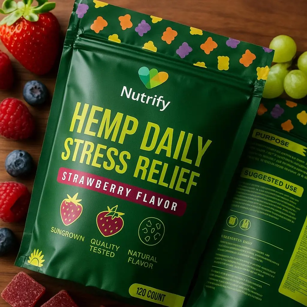 Nutrify Daily Stress Relief Gummies - Strawberry Flavor, 120 Count, with Ashwagandha, Mushrooms & Vitamins, Natural Healthcare Blended Vitamins and Minerals Dietary Supplement