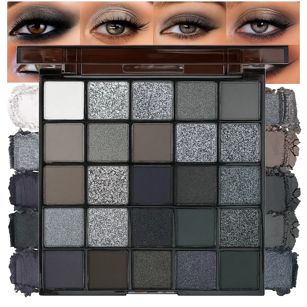 Black Swan 25-Color Eyeshadow Palette - Cosmetic Makeup Single Item with Pigmented, Metallic, Matte Shimmery Shades, Long-Lasting Neutral Tones for Natural Look, Transparent Brown Case, Pigmented Eyeshadow