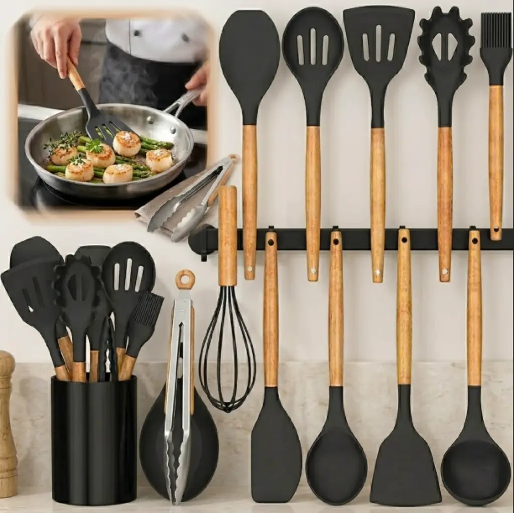 12-Piece Food-Grade Silicone Kitchen Cooking Utensils Set with Wooden Handle, High-Temp Resistant, Stainless Core, Quick Hand Wash, Seamless Clean Wrap, and Holder (Black)