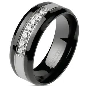 Lanyjewelry Men's Bold 2-Tone Stainless Steel 7-Stone Channel Setting Band - Scratch-Resistant, Modern Masculine Wedding Ring with Polished Silver-Tone & Black Finish, Stackable Engagement Ring for Everyday Wear (Multiple Sizes Available)