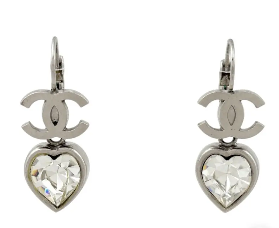 Pre-owned CHANEL Vintage Silver Heart CC Drop Earrings 4000035253606