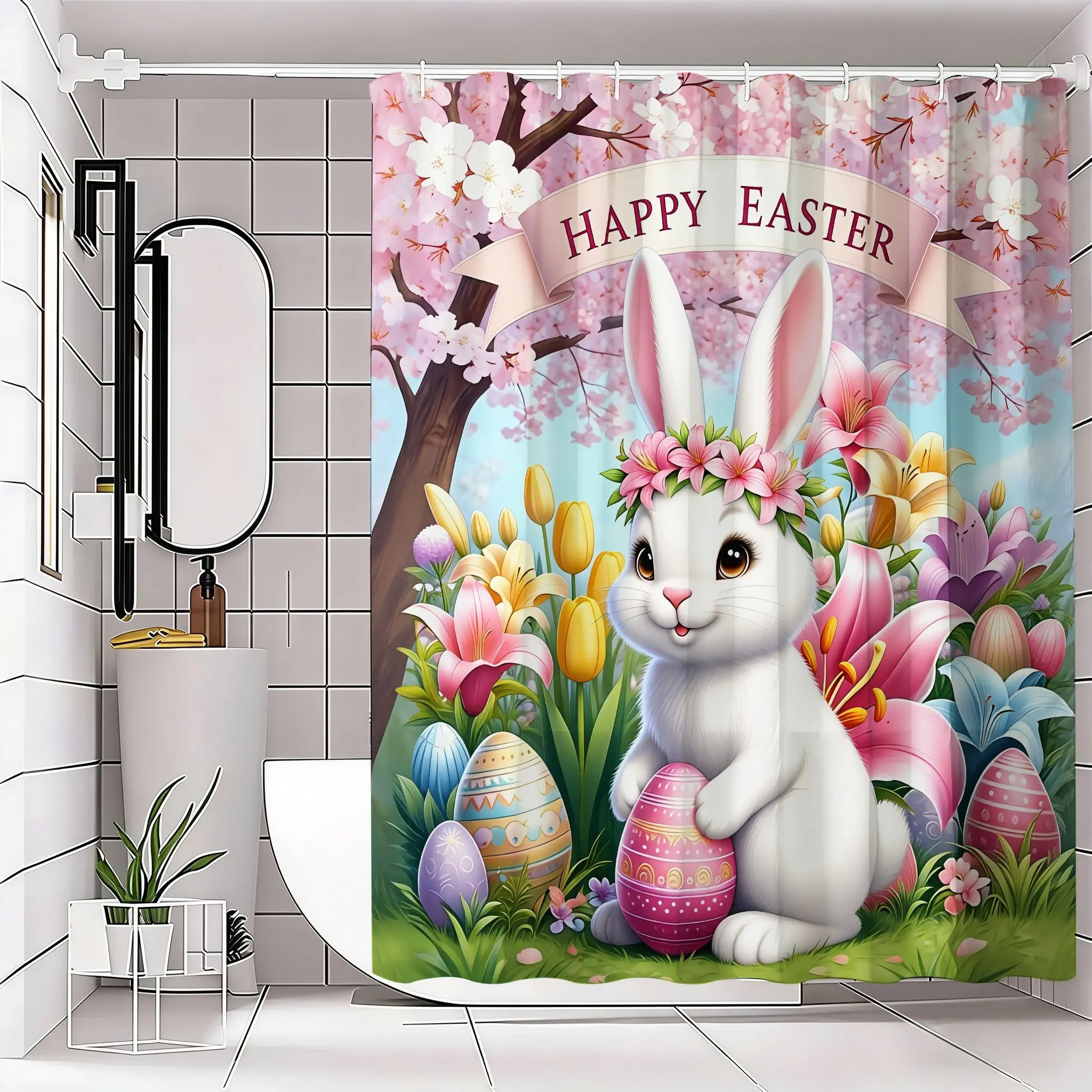 Adorable Easter Bunny Shower Curtain, Cute Cartoon Rabbit, Cherry Blossom Crown, Colorful Easter Eggs, Spring Flowers, Happy Easter Decor