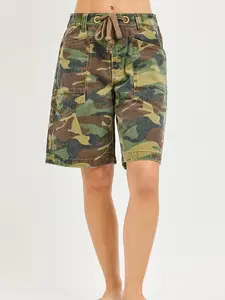RISEN Camo Print Slouchy Jorts with Eyelet Drawstring