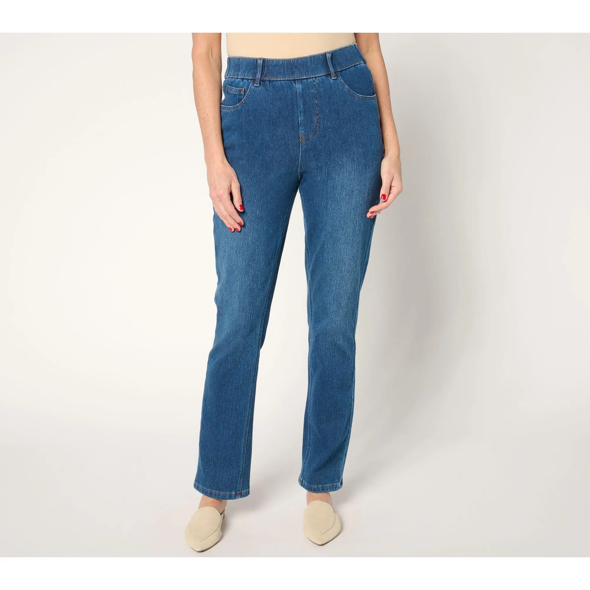 Isaac Mizrahi Live! Petite Knit Denim Straight-Leg Pull-On Jeans