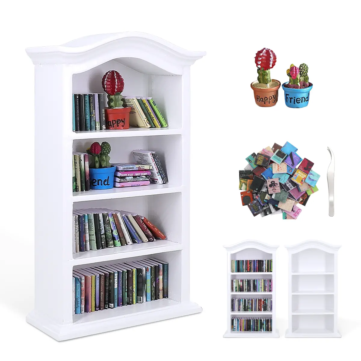 Handcrafted Mini Wooden 4-Tier Bookshelf DIY Craft Kit - With Mini Books, 2 Succulent Accents, White American-Inspired Desk Decor, Anxiety & Stress Relief, Thoughtful Holiday Gift for Book Lovers