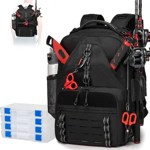Fishing Tackle Backpack,Tackle Bags with 2 Rod Holders,Water-Resistant Tackle Bag Storage Bag for Fishing Gear(Black,4 Tackle Boxes)