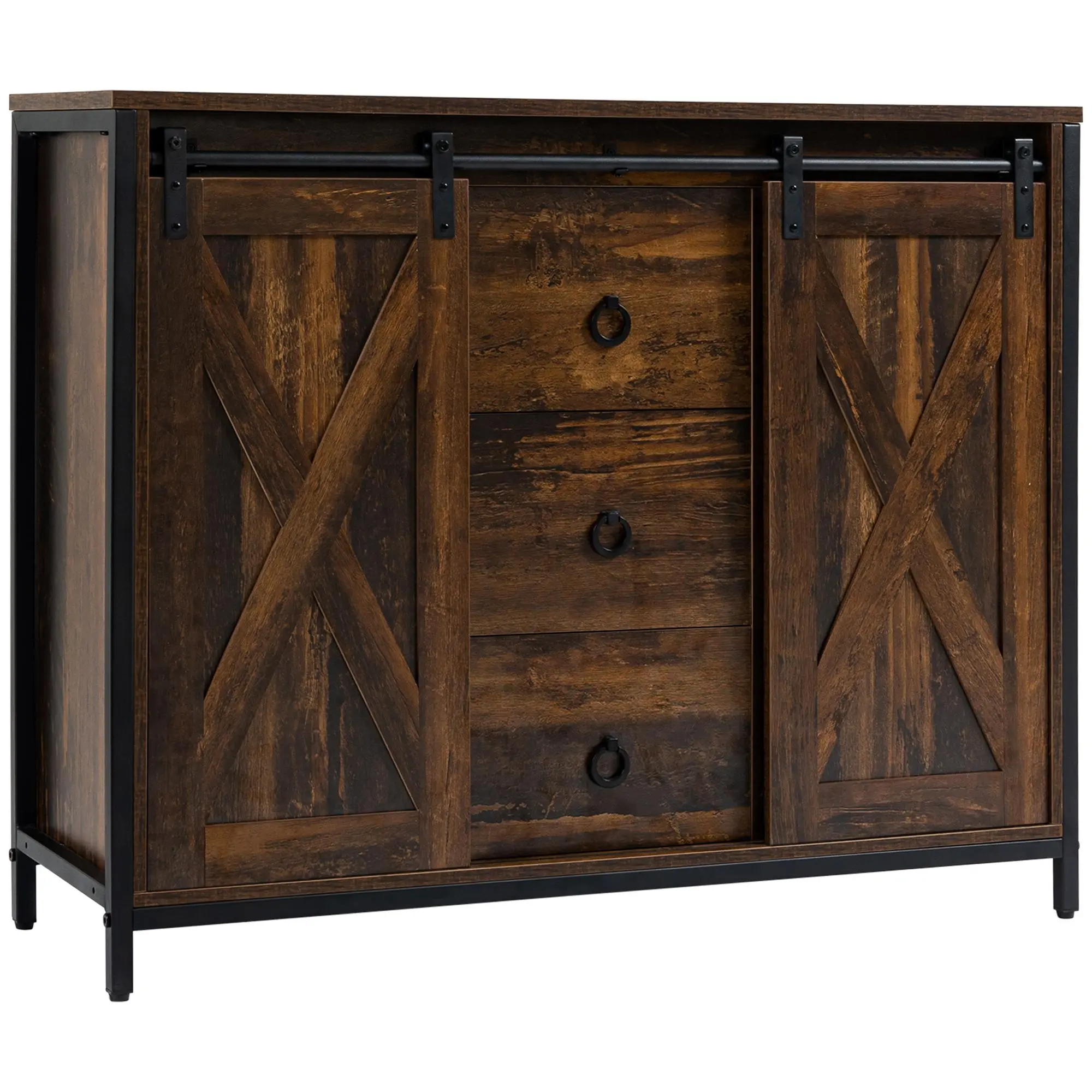 39-Inch Brown Buffet Cabinet - Double Door Sideboard with 2 Sliding Barn Doors, 3 Drawers, Adjustable Shelf, Anti-Tipping Feature - Chic Farmhouse, Country Rustic, Farmhouse Style Adjustable Sideboards for Kitchen, Dining Room, Chic Farmhouse Sideboards