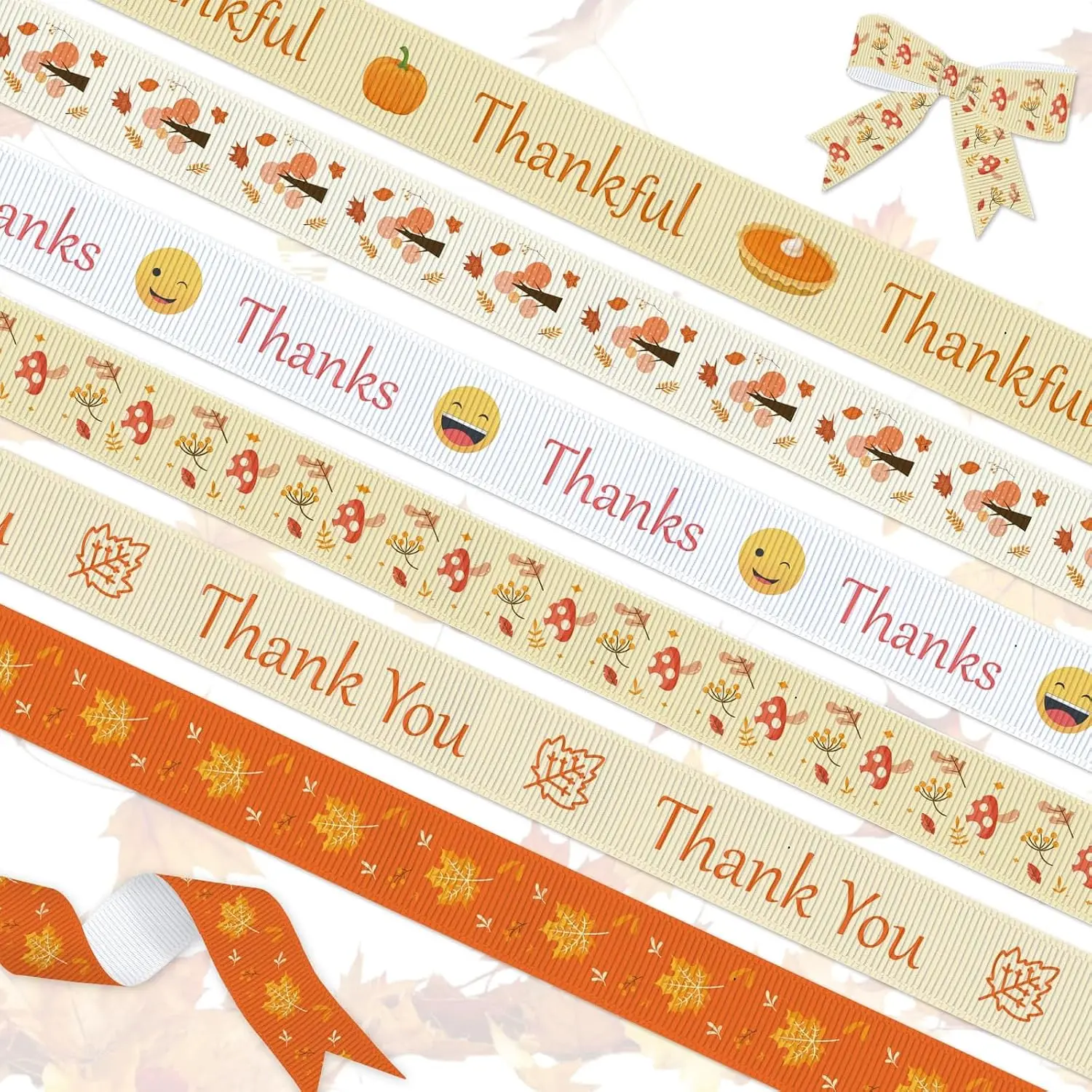 6 Rolls 18 Yards Fall Ribbons Autumn Ribbons Wave Polyester Satin Ribbon Thanksgiving Pumpkin Maple Leaf Orange Ribbon 3/8" Wide for Gift Wrapping DIY Crafts Fall Thanksgiving Decor,3 Yards Per
