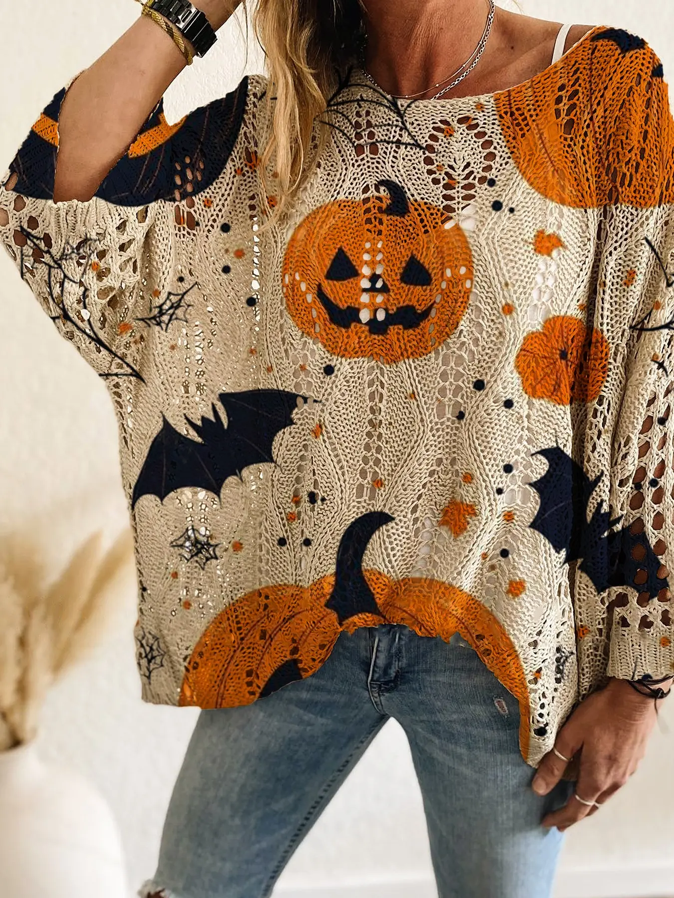 Women's Halloween Pumpkin Print Long Sleeve Knitted Top, Casual Elegant Flowy Vacation Style, Loose Fit Batwing Shoulder, Spring Summer Fall Wear, Knitwear, Knit Sweater Pullover, Graphic Print Pullover, Womenswear, Lady