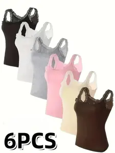 Women's 6pcs Minimalist Short Lace Tank Tops - Mix Color, Scoop Neck, Slim-Fitting, No Padding, Breathable Fabric, Versatile Lingerie Vests for Spring, Summer, Tank Tops For Women