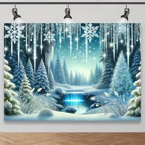 1pc Winter Wonderland Photography Backdrop Cloth, Serene Snowy Forest Scene with Ice Stalactops, Frozen River, and Glittering Snowflakes, Polyester Material, Perfect for Christmas and Winter Holiday Photo Shoots