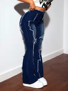 Women's Plus Size Denim Jeans, High Waist Retro Deep Blue Frayed Edge Patchwork, Micro Flare Long Pants, Fashionable Streetwear, Slimming and Tummy Control