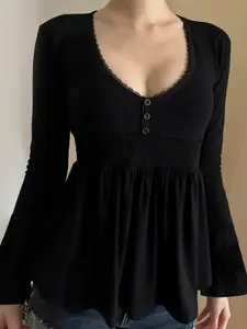 Lace Trim V Neck Flare Sleeve A-Line Top, Y2K Casual Solid Color Long Sleeve Basic Fitted T-Shirt, Women's Fashion Clothing, Womenswear