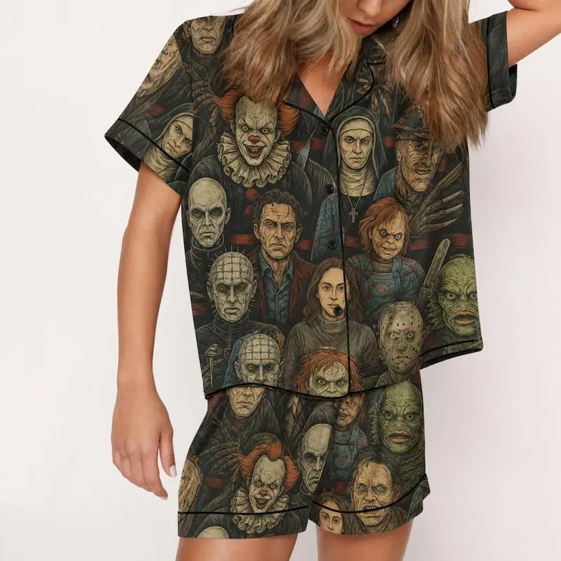 Spooky Horror Satin Pajama Set for Couples, Halloween Matching PJs for Men and Women, Long or Short Sleeve Sleepwear