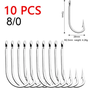 10 Long Handle Fishing Hooks, Fishing Hook Set, Stainless Steel Barbed Hooks 3.4cm-13.8cm, Strengthened Hooks for Large Fish, Ideal for Saltwater Fishing