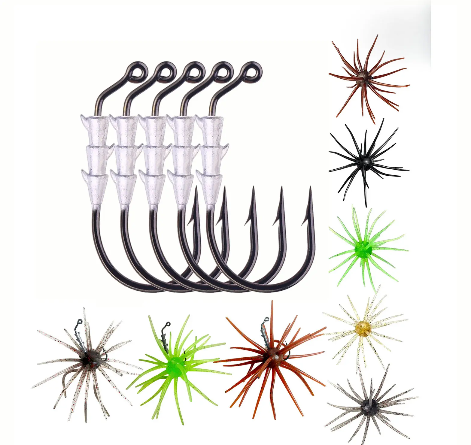 5Pcs Jig Head Hooks with 5Pcs Silicone Sea Urchin Soft Lures Kit, Bionic Tentacle Creature Fishing Baits for Bass Trout Walleye Freshwater Saltwater Fishing Tackle Set