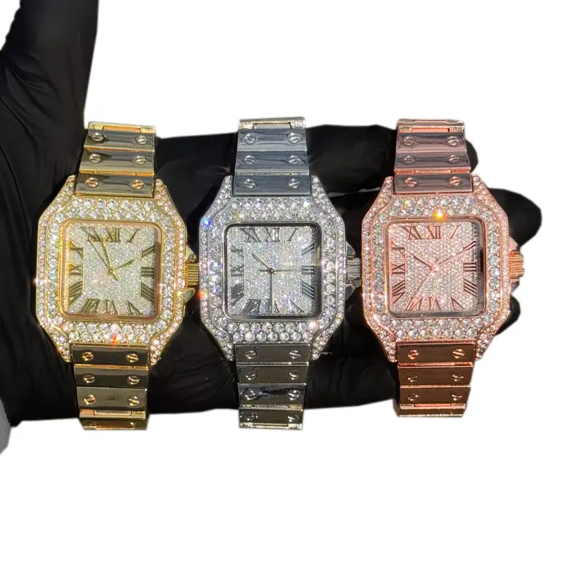 MaxBling81 Men's Luxury Iced All-Metal Square-Shaped Quartz Watch, Analog Design, Fully Iced Bezel, Metal Band Fashion Accessory, All-Metal Quartz Watches, Square-Shaped Quartz Watches
