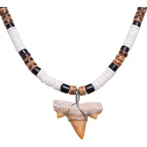 Fossil Shark Tooth on Puka Shell Beads Necklace (18" 2S)