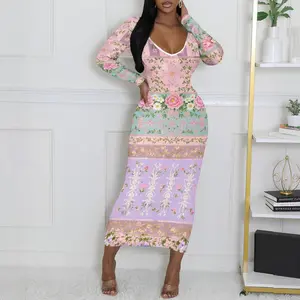 Boho Floral Print Long Sleeve Bodycon Maxi Dress V-Neck Elegant Party Evening Gown for Women