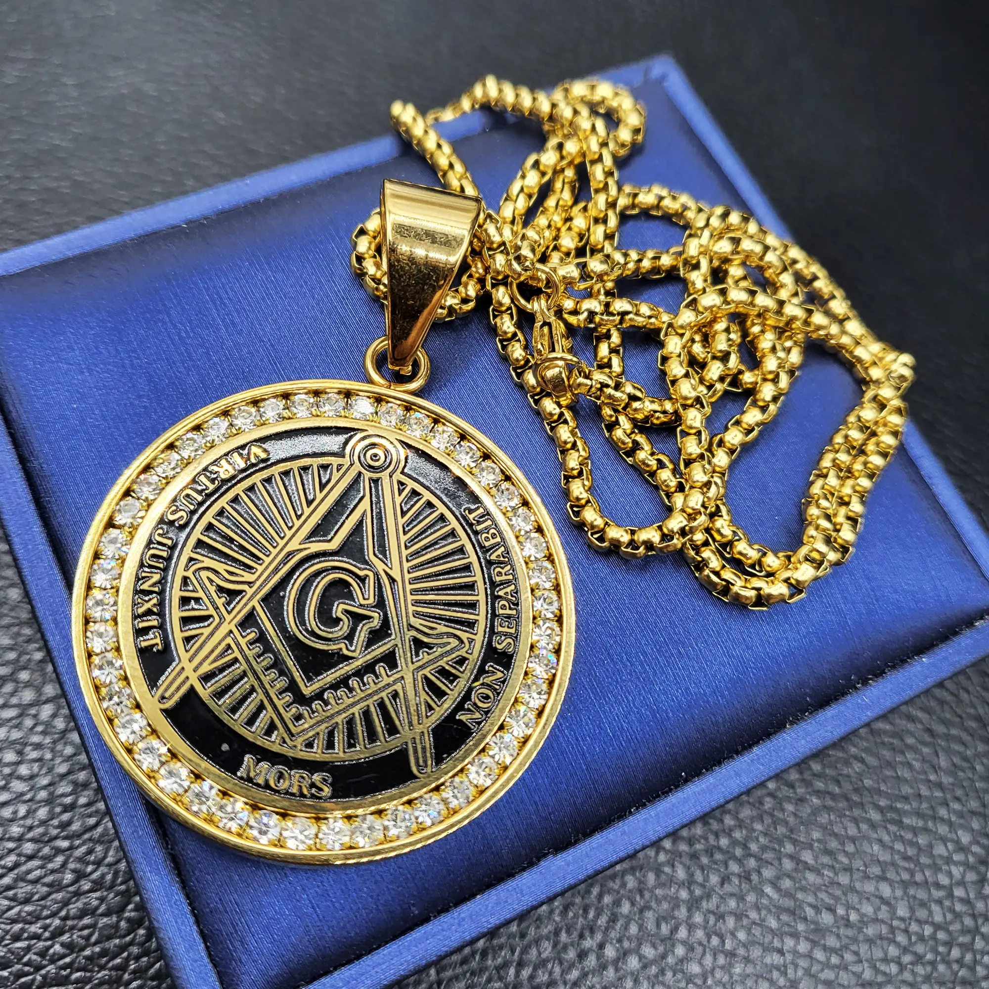 MaxBling81 Gold Tone Stainless Steel Masonic Pendant Necklace for Unisex, CZ Stones Charm with 24-Inch Rolo Chain, Pendant Size, Everyday Wear, Ion Plating Technology, 40Mm (Diameter), Hip Hop Jewelry, Casual, Masonic Charm