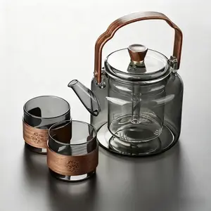 Tea Making Tool Set, 1 Count Glass Teapot with Wooden Handle & 2 Counts Elegant Smoke Glass Kung Fu Tea Cup, Perfect for Tea Lovers and Collectors, Glass Tea Kettle
